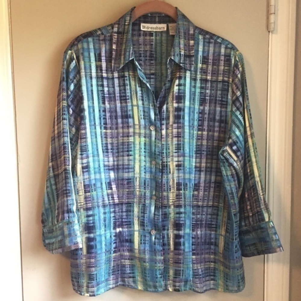 Dress Barn Blue Purple and Yellow Shimmery Button Down Women’s Blouse Sz Large